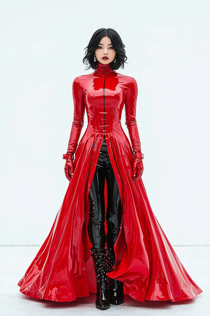 A woman in a red latex gown stands against a white backdrop. The dress is form-fitting and has a long, flowing train. The woman's short black hair is styled neatly, and she wears black latex pants and black boots with studs. The red dress is the focus of the image, with its shiny, almost wet appearance.  The contrast between the bright red dress and the stark white background adds to the dramatic effect.