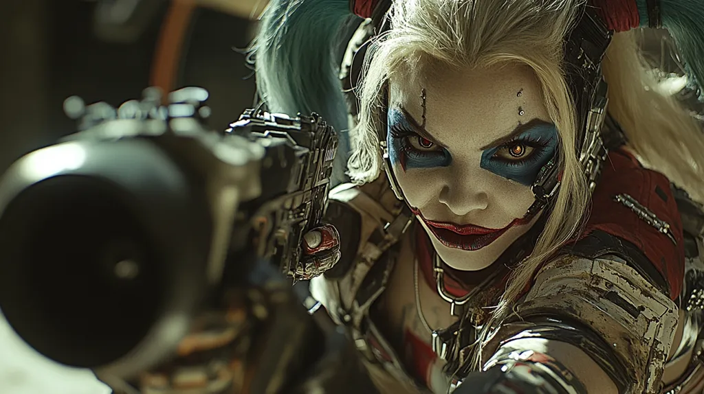 The image shows a woman dressed as Harley Quinn, a character from the DC Comics universe. She is wearing a red and black costume with a blue and red jester's hat and has a menacing expression on her face. She is holding a futuristic weapon and has an intense look in her eye. The image is dark and gritty, suggesting that she is a dangerous and powerful character.