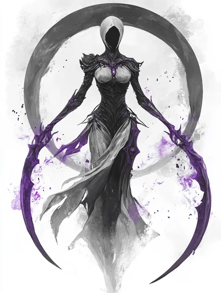 The image depicts a dark, mysterious figure with a hooded cloak and a long, flowing robe. They are holding two large, curved blades in each hand, with purple accents. The figure stands in front of a large, circular object, possibly a portal or a moon. The image is stylized and somewhat abstract, creating a sense of otherworldly beauty and power. The overall atmosphere is ominous and ethereal.
