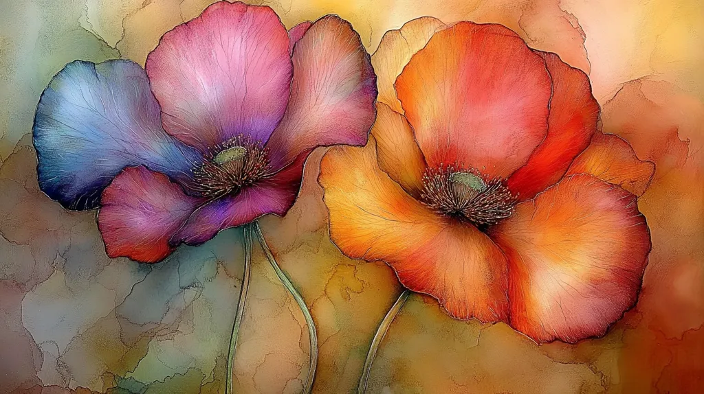 Two poppies, one with petals of deep blue and violet, the other with petals of orange and red, bloom against a background of subtle watercolor washes in earthy tones. The petals of the poppies are delicate and translucent, with veins visible throughout. The image evokes a sense of delicate beauty and tranquility.