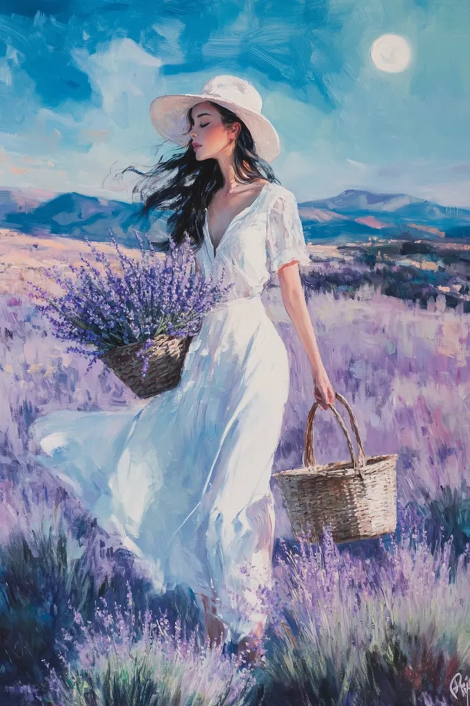 The painting depicts a woman in a white dress and hat walking through a field of lavender. The woman is carrying a basket in her hand, and the field is bathed in warm sunlight. The painting conveys a sense of peace and tranquility. The lavender field is a beautiful purple color, and the woman's white dress stands out against the backdrop of the field. The sun is shining brightly, and the sky is a clear blue. The painting is a beautiful depiction of nature and a moment of peace.