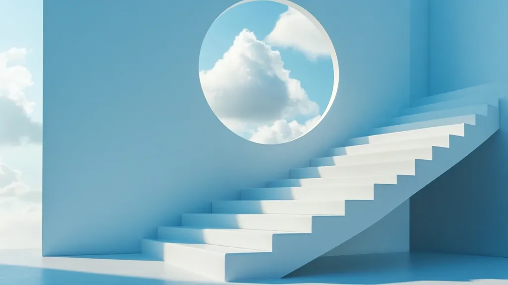 A white staircase leads up to a large, circular window in a light blue room. The window reveals a view of a blue sky with puffy white clouds. The room is clean and minimalist, with a focus on the simplicity of the design. The overall image is one of serenity and contemplation, suggesting a journey towards a brighter future.