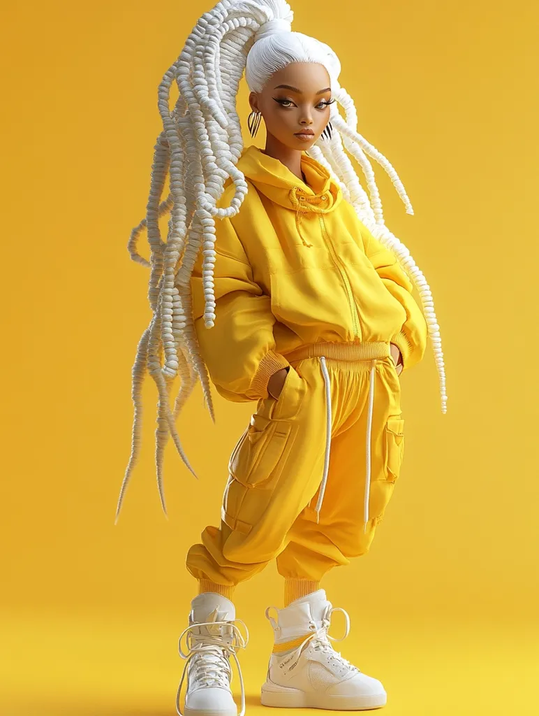 The image shows a woman with long white braids pulled back into a ponytail. She is wearing a bright yellow tracksuit with a hoodie and white sneakers. She is standing against a solid yellow background. Her expression is confident and slightly defiant. The overall image is bold and stylish.