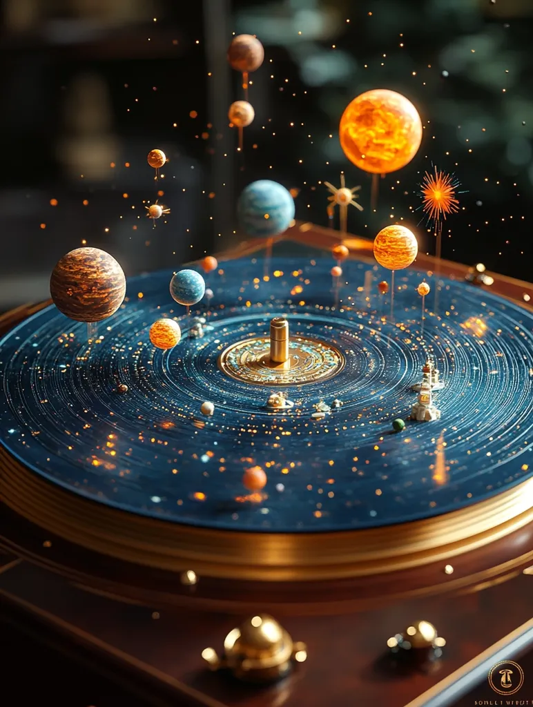 A miniature solar system is displayed on a record player. The planets are made of glass and appear to be spinning around the sun. The record player is made of wood and metal, and it has a gold trim. There are small sparks of light coming from the planets, creating a magical and whimsical atmosphere. The background is a dark blue, with stars scattered throughout. The image suggests that the universe is a magical and mysterious place.