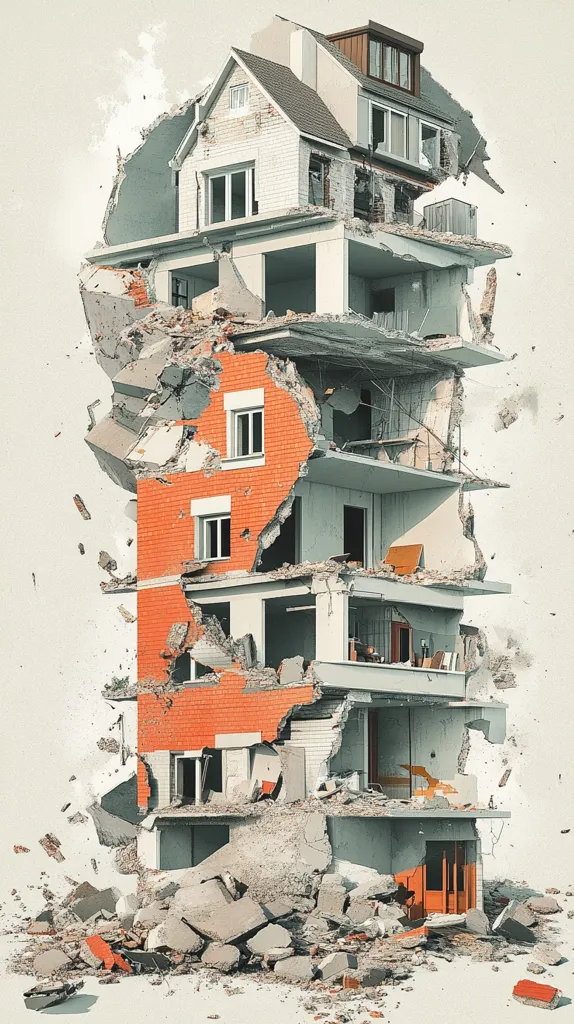 A multi-story building is shown in a state of demolition, with its structure broken apart and its facade crumbling. The house is exposed in cross-sections, revealing the inner workings of its construction. Debris from the building is strewn across the ground, creating a scene of destruction and chaos.  The image is rendered in a realistic style, capturing the raw and unsettling nature of the event.