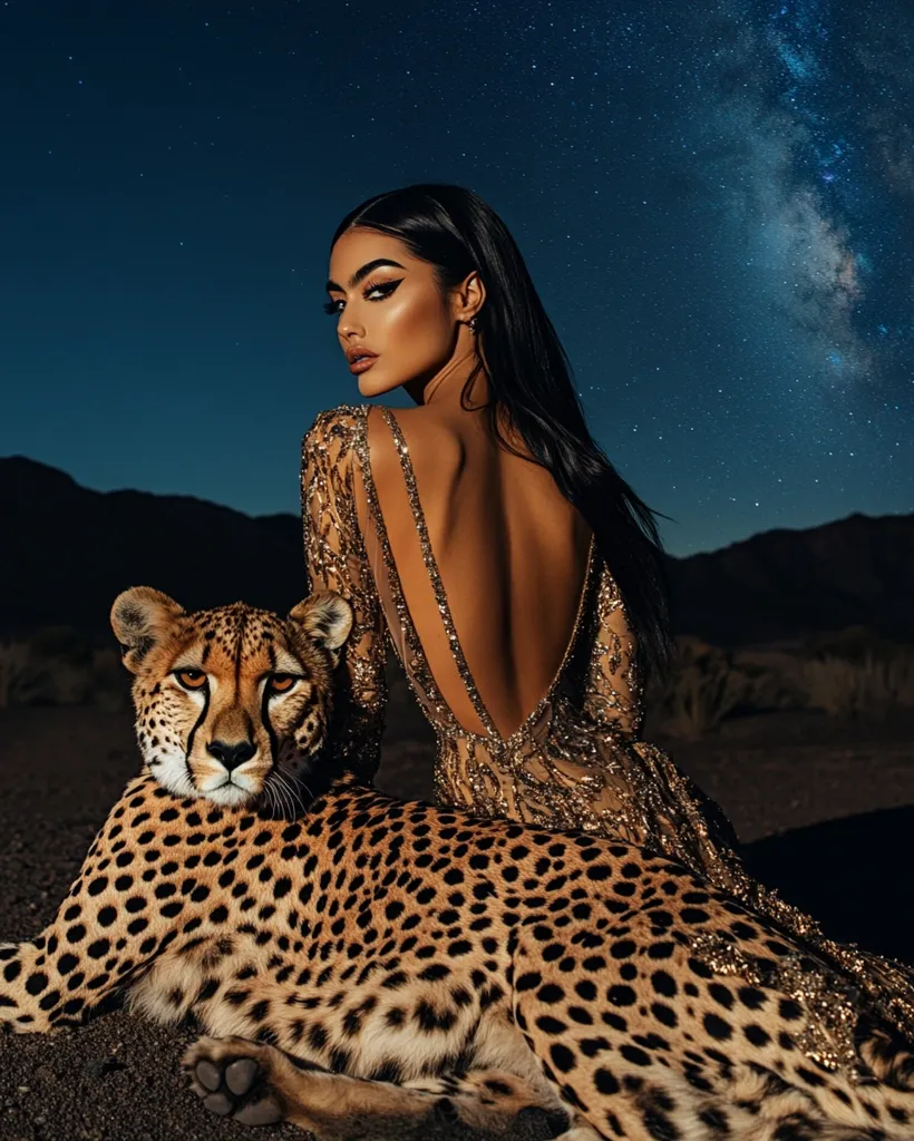 A woman with long black hair wears a gold sequined gown. Her back is turned to the camera as she looks over her shoulder. She is sitting with a cheetah, who is lying on the ground. The background is a night sky with stars and a milky way. The image has a dramatic and glamorous feel.