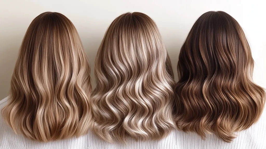 Three women with long, wavy hair are standing side-by-side. The woman on the left has light brown hair with subtle blonde highlights. The woman in the middle has darker blonde hair with chunky, silvery blonde highlights. The woman on the right has dark brown hair with blonde highlights. All three women are wearing white sweaters. The image is taken from behind.