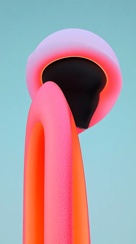 A bright pink and orange abstract sculpture stands against a light blue background. The sculpture is composed of two curved forms, one on top of the other. The top form is a rounded dome with a black center and an orange rim. The bottom form is a long, thin cylinder with a slight curve. The sculpture has a textured surface that appears to be made of plastic.