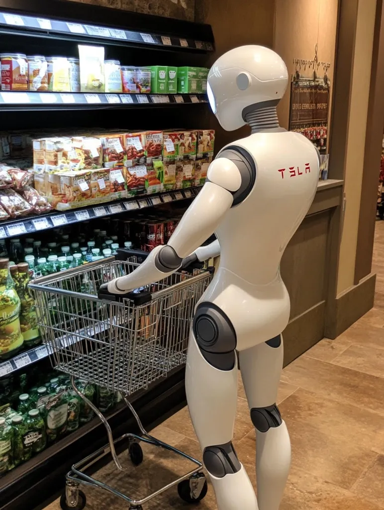 A white humanoid robot with a shopping cart stands in front of a grocery store aisle. The robot is looking at the shelves, which are stocked with various food items. The robot is wearing a black "Tesla" logo on its chest. The aisle is well-lit and clean, with tiled floors. The robot is an example of how technology is being used to automate tasks in the retail industry.