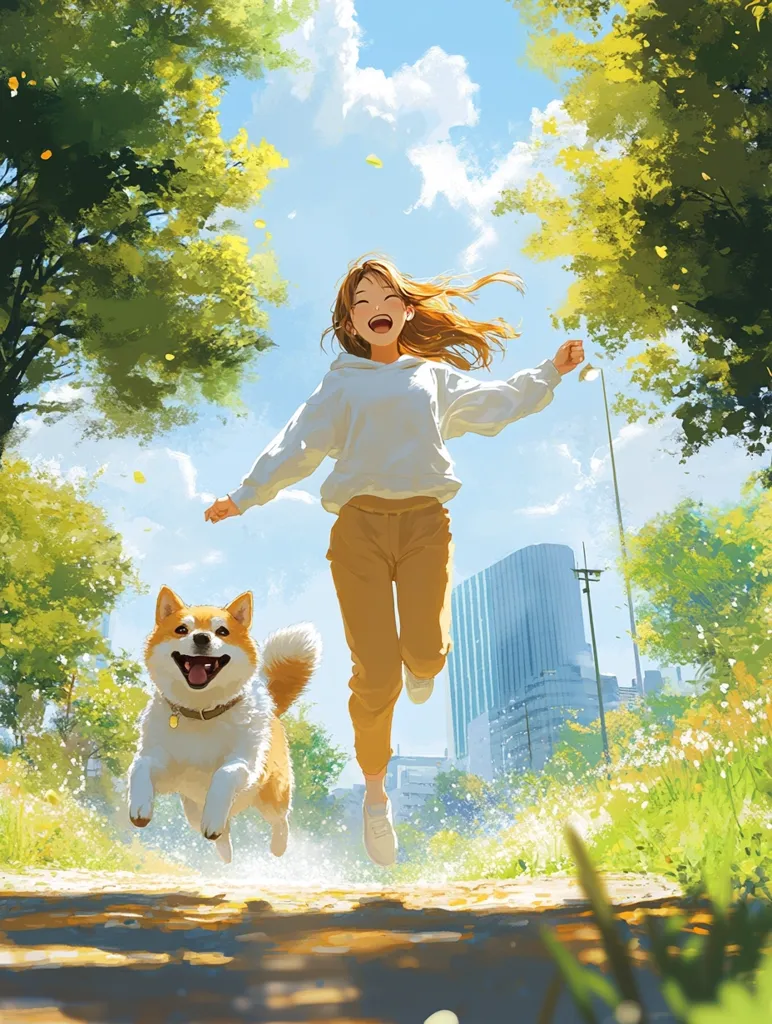A young woman with long brown hair runs with a Shiba Inu dog on a paved path lined with green trees and grass. The woman is smiling and wearing a white hoodie and tan pants. The dog is looking ahead with its tongue out, its fur is brown, white, and orange. The sky is blue with white clouds, and the sun is shining brightly.