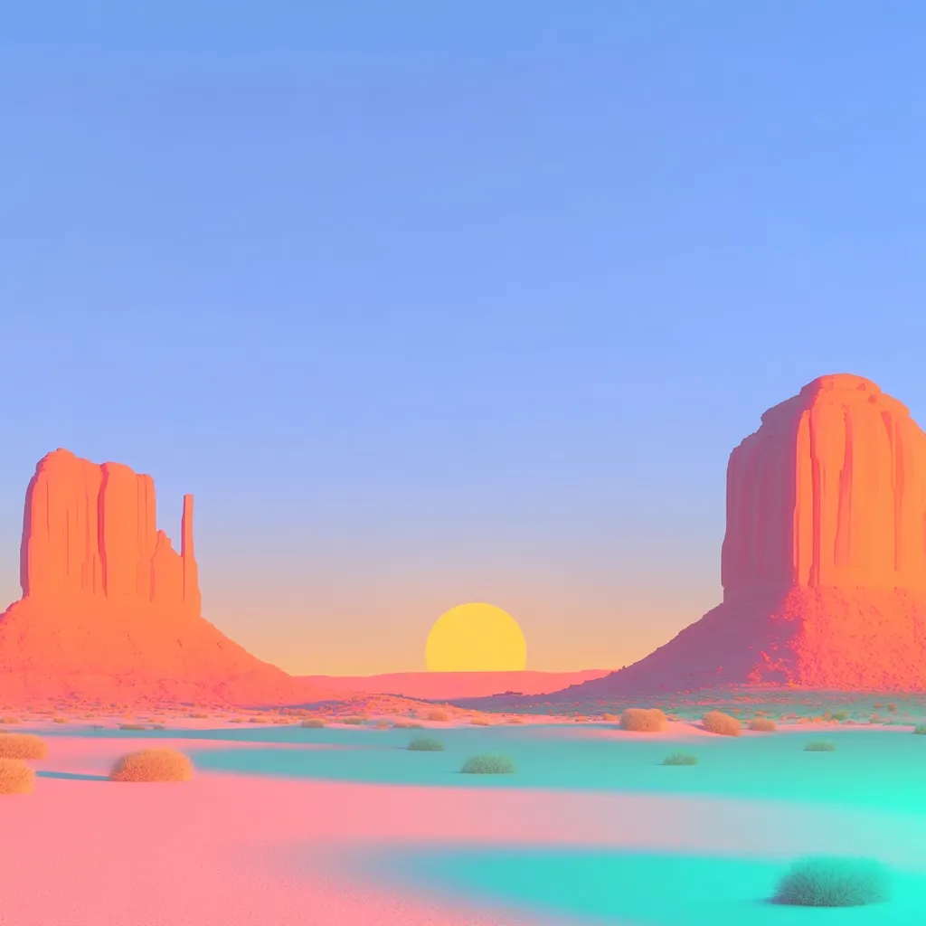The image depicts a vibrant desert landscape with two large red rock formations in the foreground. The setting sun, a bright yellow orb, casts a warm glow across the scene. The desert floor is a mix of pink and blue, with sparse vegetation scattered throughout. The sky is a soft blue with a hint of pink at the horizon. The image evokes a sense of tranquility and vastness.
