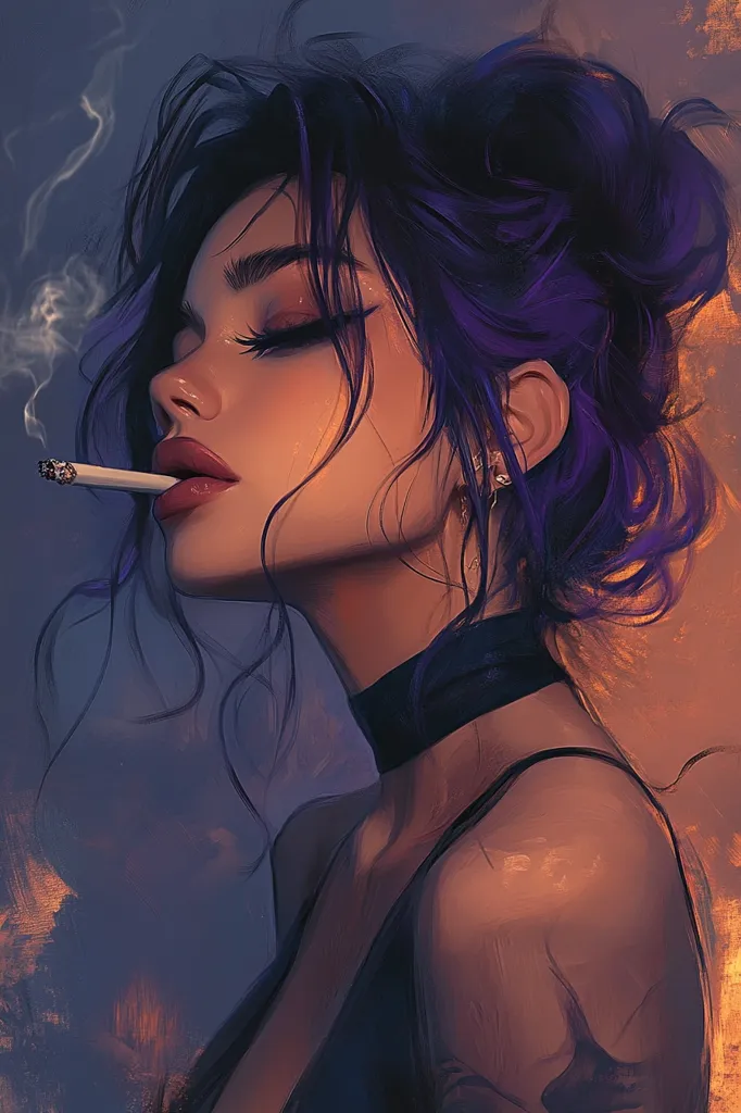 The image is a digital painting of a woman with long purple hair. She is wearing a black choker necklace and a black top. She is smoking a cigarette and looking down. The background is a blurred out view of a sunset. The overall feeling of the image is one of melancholy and introspection.