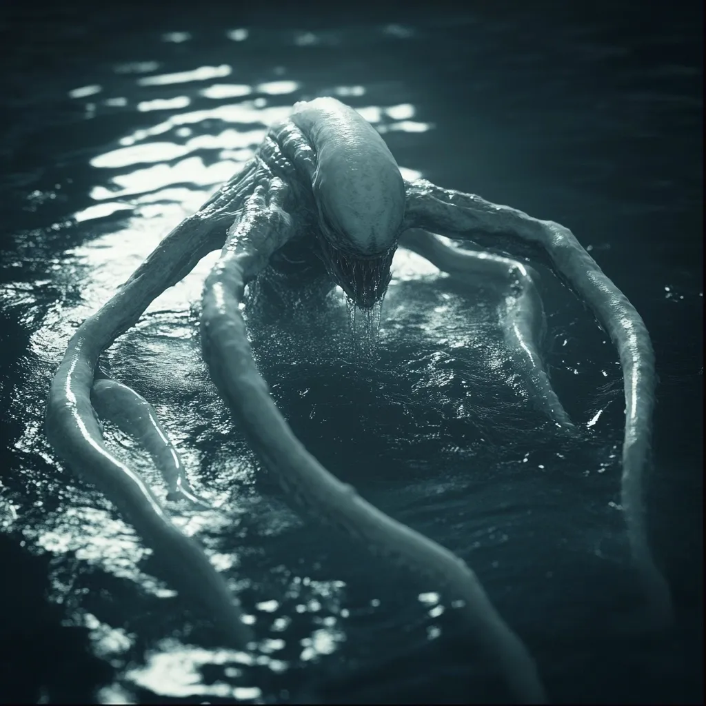 A pale, grotesque creature with long, spindly arms emerges from the dark, murky water.  Its head is elongated with a gaping maw, dripping saliva.  The creature appears to be submerged in a dark, water-filled environment, its body partially hidden from view. The unsettling image suggests a sense of dread and the unknown.