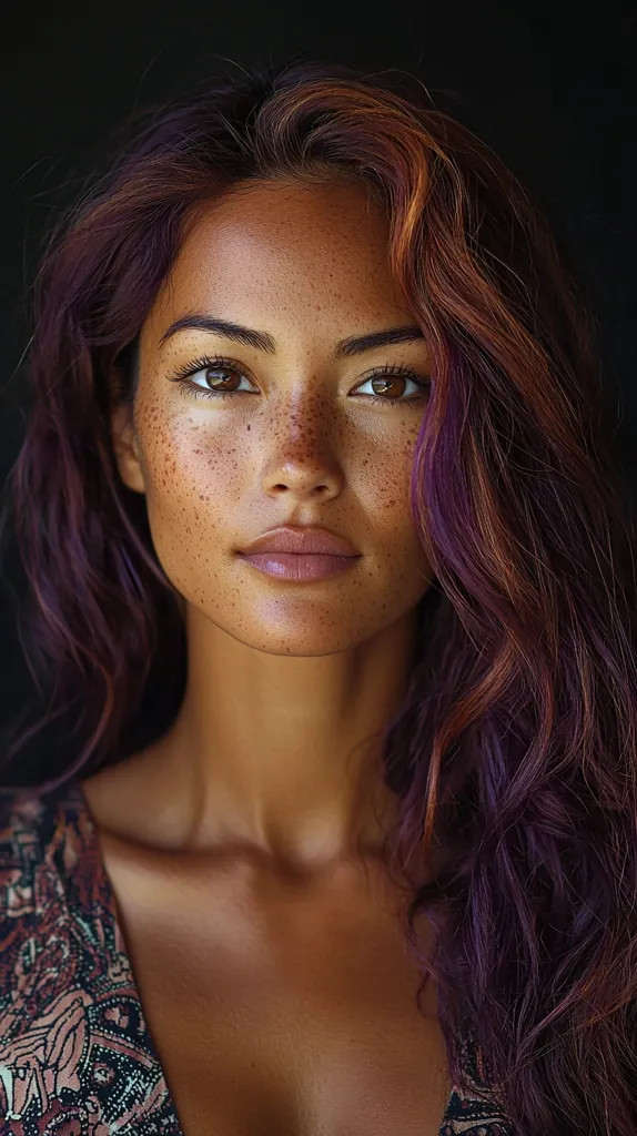 The image shows a close-up portrait of a young woman with long, dark hair with streaks of purple. She has a warm skin tone and freckles across her face. She is looking directly at the camera with a soft expression. She is wearing a low-cut, patterned top that shows off her shoulders and collarbone. The background is a dark, blurred backdrop. The image is lit with soft, warm light, creating a natural and intimate feel.