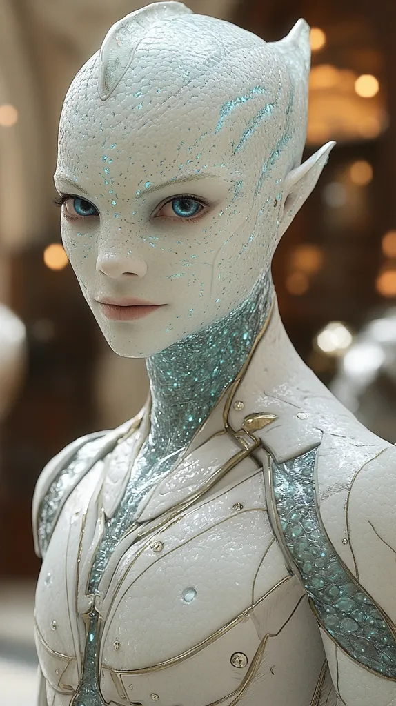 The image features a close-up portrait of a female humanoid with an otherworldly appearance. Her skin is white and textured, with a subtle shimmer, and her eyes are large and blue. She has a pointed, almost fin-like structure on the top of her head, and her ears are slightly pointed. She is wearing a white, futuristic-looking suit with gold accents, and her body is covered in a pattern of small, glowing dots. The background is out of focus, with a blurry, golden-toned pattern. The image evokes a sense of mystery and intrigue, suggesting a futuristic or fantasy setting.
