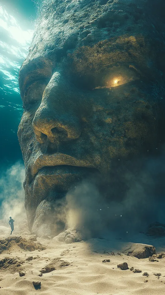 A giant, stone face emerges from the ocean depths, its eye glowing with a faint light. The face is weathered and rough, with a stern expression. A lone figure walks towards the face, dwarfed by its immense size, creating a sense of awe and insignificance. The scene evokes feelings of mystery and wonder.  The image is rendered with great detail and realism, making it appear almost photorealistic.