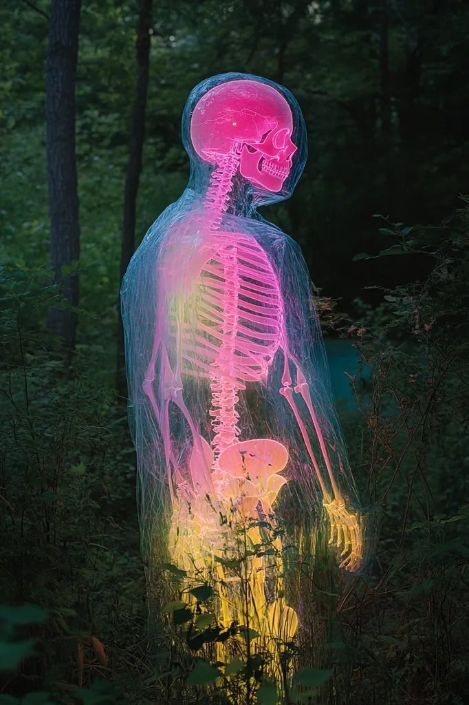 The image shows a glowing, translucent human skeleton standing in a dark, shadowy forest. The skeleton is outlined in pink and yellow light, giving it an ethereal and otherworldly appearance. The surrounding foliage is dark and green, creating a stark contrast with the bright skeleton. The image creates a sense of mystery and intrigue, suggesting a hidden world or an unknown being.
