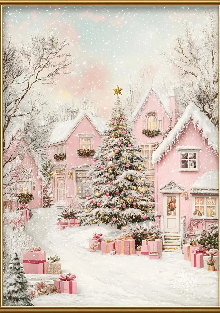 A whimsical winter scene with charming pink houses, a tall, snow-covered Christmas tree adorned with pink ornaments, and presents scattered on a white, snowy ground. The houses have warm, glowing windows and a festive wreath hangs on the door of one house. The air is filled with falling snow, creating a magical atmosphere.  The scene is framed by a gold border, adding to the elegant and enchanting feel.