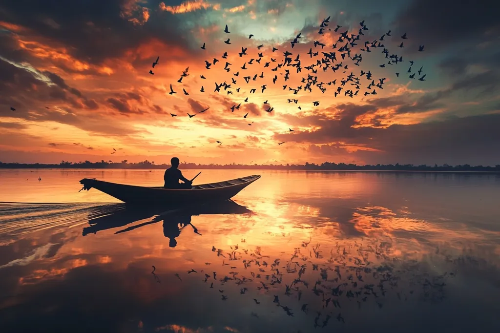 A lone figure rows a small boat across a serene lake at sunset. The sky is ablaze with vibrant hues of orange and pink, reflecting on the water’s surface. A flock of birds flies overhead, silhouetted against the fiery sky. The image evokes a sense of peace, solitude, and the beauty of nature.