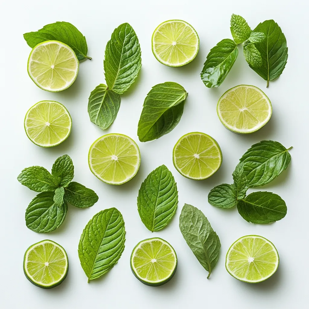 The image shows a flat lay of lime slices and fresh mint leaves arranged on a white background. The lime slices are cut in half, revealing their juicy interiors. The mint leaves are green and vibrant, creating a refreshing and summery aesthetic. The arrangement is symmetrical and visually appealing, highlighting the natural beauty of these ingredients.