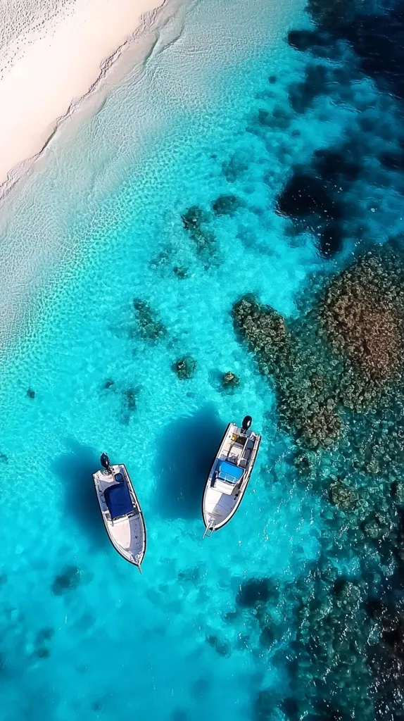 An aerial view of two boats anchored in crystal clear turquoise waters. The boats are white with blue accents, and the water is so clear that the coral reefs beneath the surface are visible. The scene is serene and picturesque, with the white sand beach partially visible at the top of the image. The contrast between the deep blue water and the bright white boats is striking.