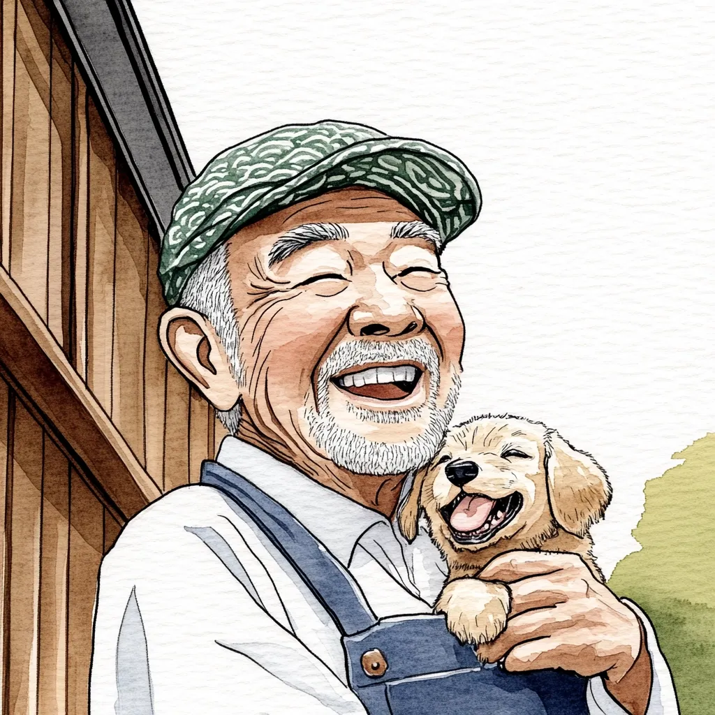 The image depicts a happy elderly man in a white shirt and overalls, holding a golden retriever puppy. He is wearing a green patterned cap and smiling widely. The puppy is also smiling and looking up at the man. The background shows a wooden fence and a hint of green foliage. The overall scene is heartwarming and portrays a loving bond between a man and his pet.