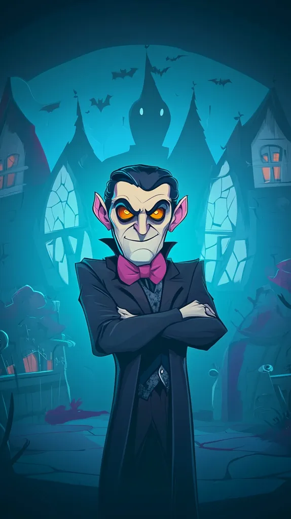 A cartoon vampire with sharp fangs and glowing eyes stands with his arms crossed in front of a dark, spooky castle. He wears a black suit and a bright pink bow tie. Bats fly around the building, which has many tall, pointed towers. The background is dark blue and purple, creating a creepy and mysterious atmosphere.