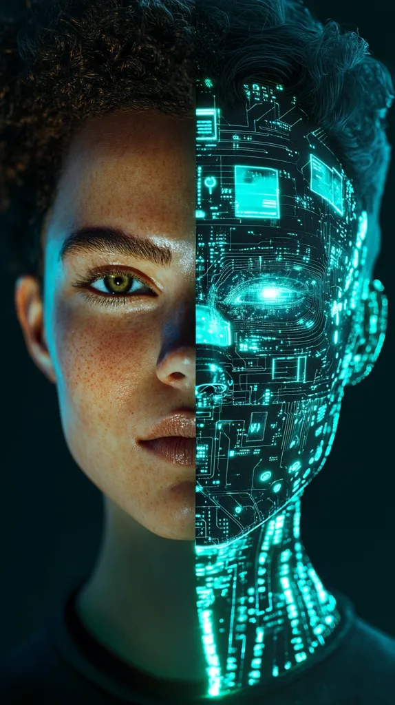 The image shows a person with dark curly hair, half of their face is covered with a glowing, digital, green circuit board design. The other half of their face is flesh and blood. The contrast between the organic and digital highlights the concept of human-machine fusion or artificial intelligence. The image evokes a sense of mystery and intrigue about the future of technology and its impact on humanity.
