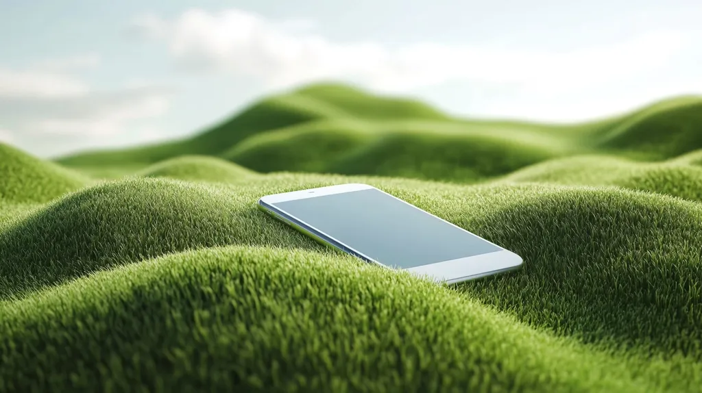 A white smartphone lies on a bed of lush green grass, partially obscured by the soft, undulating mounds. The grass is vibrant and textured, with a subtle sheen, creating a stark contrast against the smooth lines of the phone. The sky, visible in the distance, is a soft blue, with a few wispy clouds. The image evokes a sense of tranquility and peace, emphasizing the simple beauty of nature.