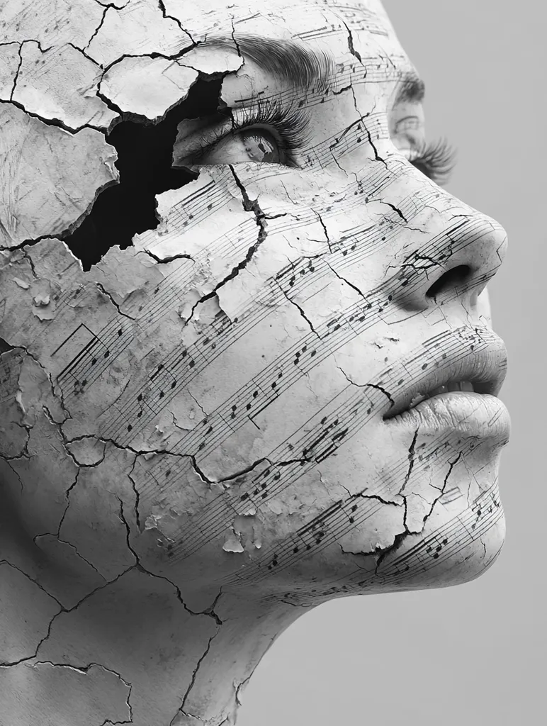 A black and white image of a woman's face, the skin is cracked and peeling to reveal a layer of sheet music underneath. Her eye is open, gazing upwards, but her lips are closed. The image is stark and dramatic, suggesting a sense of fragility and the passage of time. The sheet music suggests a connection to music and the arts.