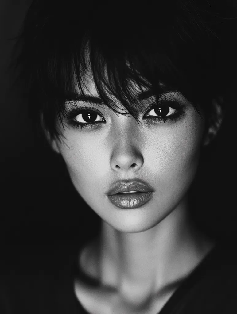 A black and white portrait of a woman with short, dark hair. Her eyes are looking directly at the camera, and her expression is serious. The lighting is dramatic, casting shadows across her face. Her lips are slightly parted, revealing a hint of a smile.  The photo is focused on her face, highlighting her beauty and the intensity of her gaze.