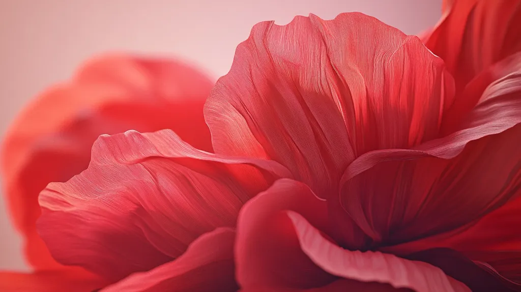 A close-up of delicate, red flower petals, with a soft, blurred background. The petals are layered and overlapping, creating a sense of depth and texture. The soft, light pink color of the background contrasts beautifully with the vibrant red of the petals. The image evokes a feeling of beauty, fragility, and the fleeting nature of life.