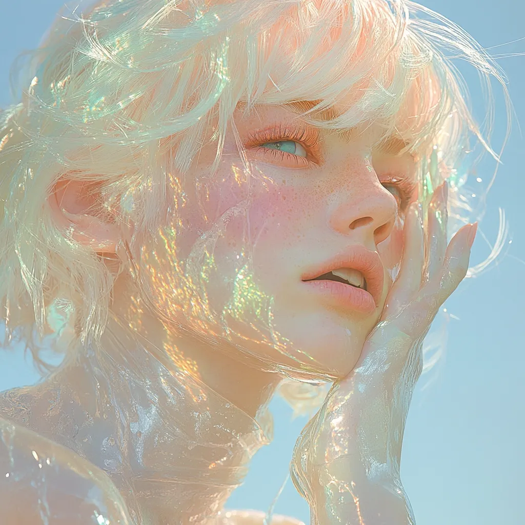 A young person with short, white hair is depicted in a close-up portrait. Their skin is covered in a shimmering, iridescent material that reflects the light in a rainbow of colors. The person is looking up towards the sky, with their hand resting on their cheek. The overall effect is ethereal and dreamlike.