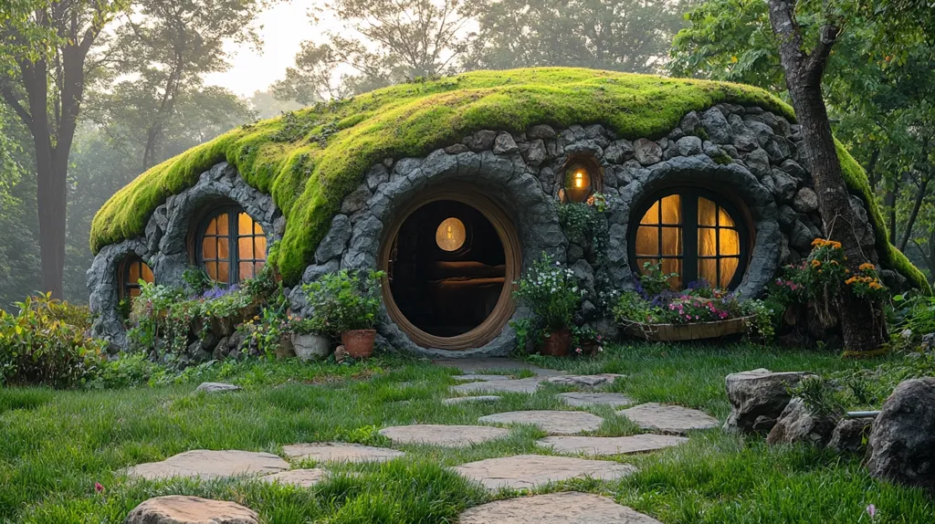 A charming, round stone house with a mossy roof nestled in a lush green forest. It has rounded windows and a large, inviting entranceway. The home is surrounded by vibrant foliage, including a stone path leading to the doorway and lush green grass. The warm glow of lights inside creates a cozy and inviting atmosphere. It is a beautiful, whimsical, and magical place.