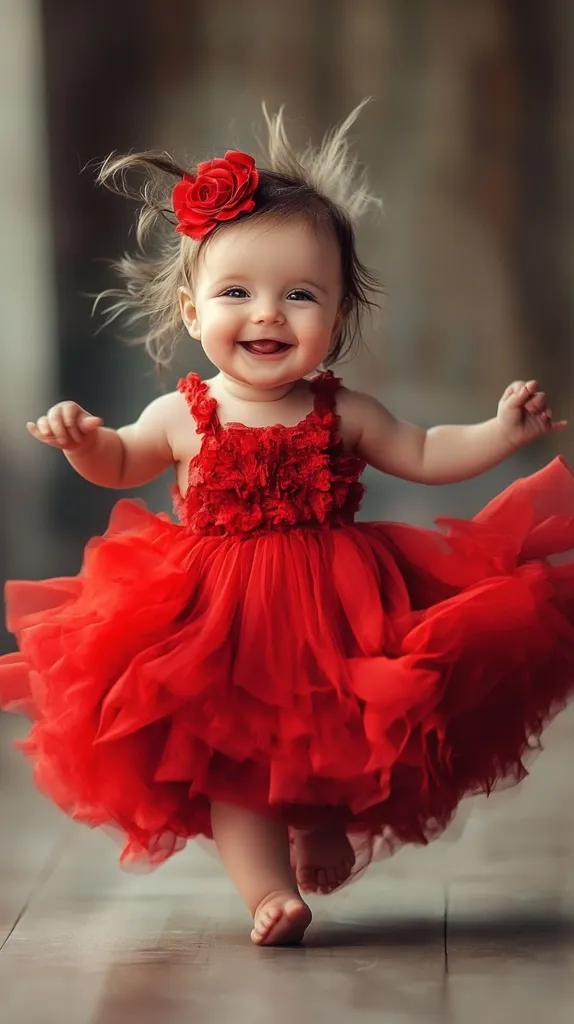 A little girl in a bright red dress with a red flower in her hair is walking towards the camera. She is smiling brightly and her dress is flowing around her as she walks. The background is blurred and out of focus. The image is heartwarming and captures the innocence and joy of childhood.