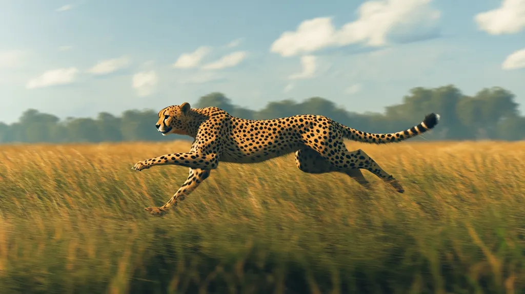 A cheetah sprints across a field of tall, golden grass, its spotted coat blending into the background. The cheetah's powerful muscles are visible as it stretches out its legs, its tail trailing behind it. The background is a blur of green trees and a blue sky with fluffy clouds, creating a sense of speed and motion.  The image captures the raw beauty and grace of this majestic animal.