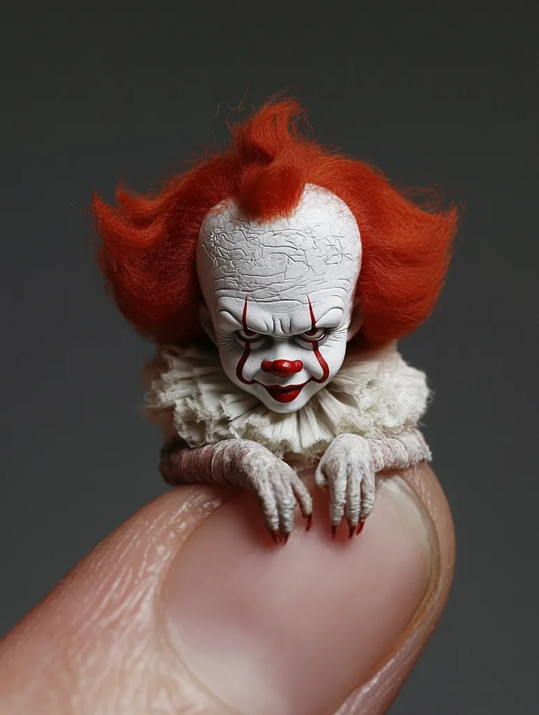 A tiny, hyperrealistic doll of Pennywise the Dancing Clown from the movie "IT" sits perched on a finger. The doll is incredibly detailed, with bright red hair, white makeup, and a sinister smile. The doll's eyes are wide open, and its fingers are long and sharp.  The doll is positioned as if it is about to jump out at the viewer, creating a sense of unease and horror.
