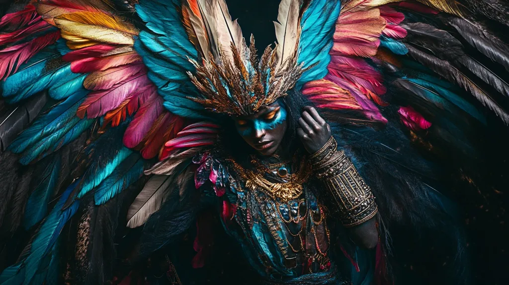 A woman with dark skin and blue and gold makeup wears a headdress adorned with feathers of vibrant blue, red, pink, and gold. The headdress is a large and elaborate display of feathers, creating a dramatic and almost regal appearance. The woman wears a blue and gold outfit, with a large amount of jewelry and arm bands. The background is dark, which contrasts with the vibrant colors of the feathers and the woman's makeup. The overall image has a mystical and otherworldly feel.