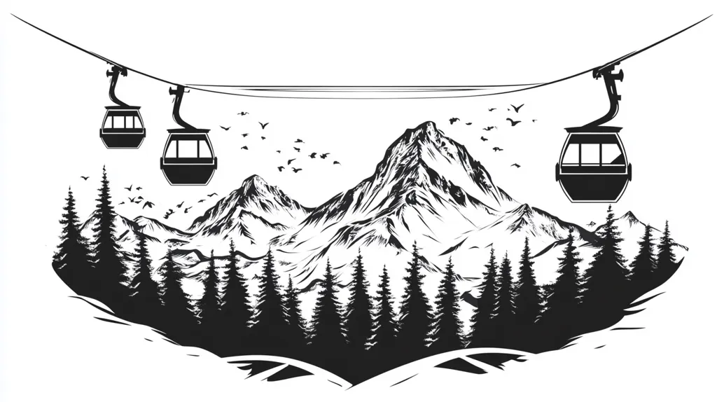 The image is a black and white illustration of a mountain range with three cable cars in the air. There are also birds flying in the sky and trees in the foreground. The image is stylized and has a minimalist aesthetic. The cable cars are moving towards the right side of the image.