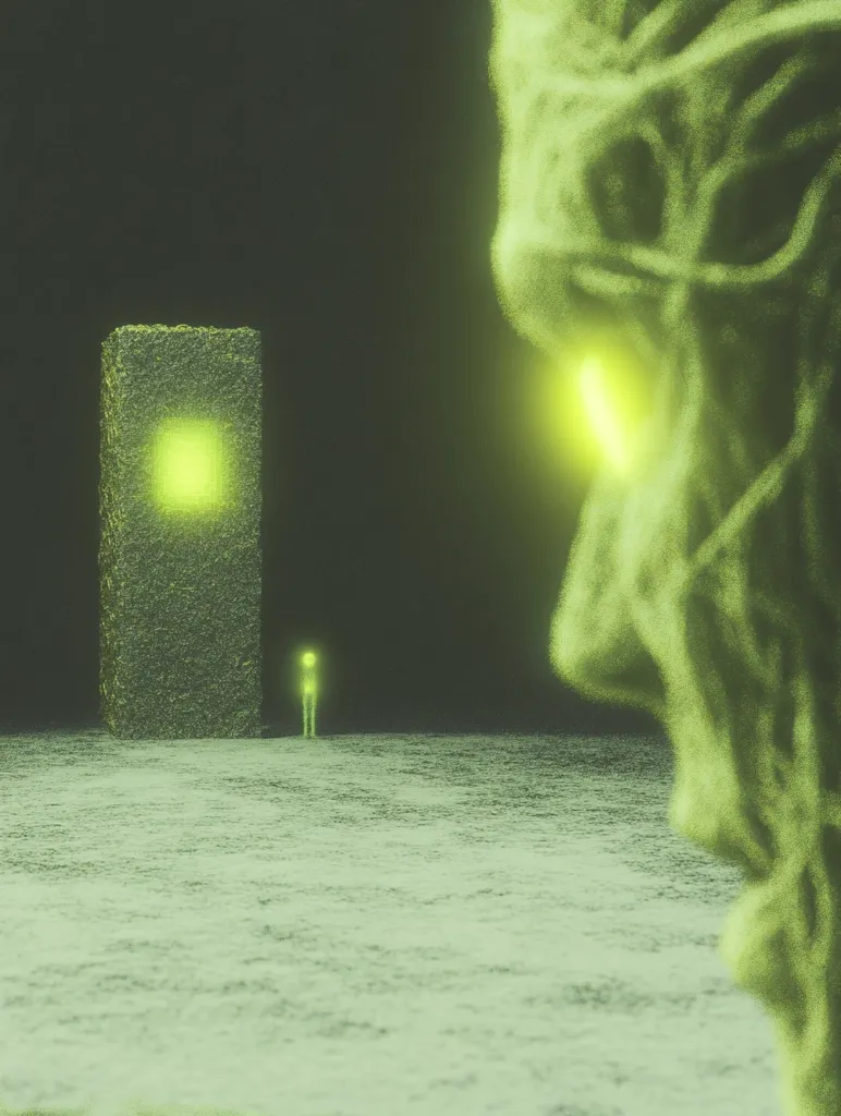 A glowing green figure stands in front of a towering monolithic structure, emitting a light emanating from its center. The structure is composed of a textured, grainy material.  In the background, a large, shadowy figure with a glowing eye watches from the right side of the image. The scene is bathed in a pale green light, creating an otherworldly atmosphere.