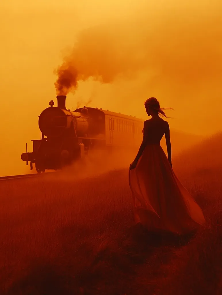 A woman in a flowing dress stands in a field, facing a steam train in the distance. The train is shrouded in smoke and a hazy orange light fills the air. The scene evokes a sense of mystery and nostalgia, with the train representing a journey into the unknown and the woman symbolizing longing or a yearning for something more.