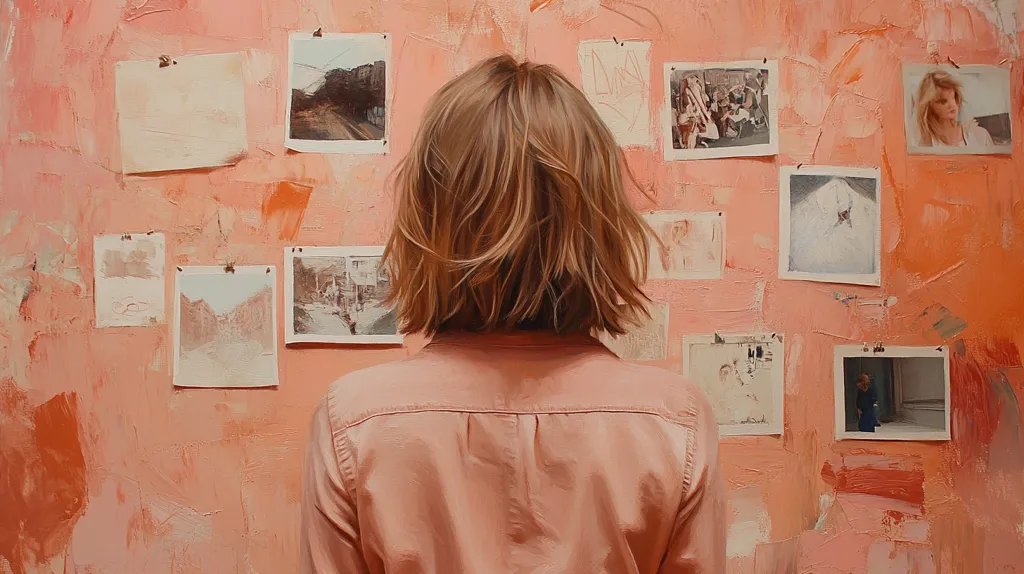 A young woman with short, brown hair stands facing a wall adorned with framed photographs. The wall is a vibrant peach color, and the pictures are arranged in a seemingly random pattern. The woman is wearing a pink shirt, and her back is to the viewer. The photographs show various subjects, including landscapes, cityscapes, and portraits. The overall tone of the image is tranquil and introspective.