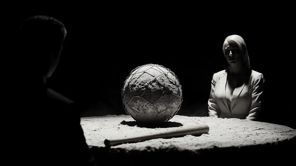 A black and white image depicting a tense scene. A woman in a white blazer sits in the foreground, her face obscured by shadows, while a man stands in the background, his body mostly hidden. A large rock encased in wire mesh lies on the table between them, along with a baseball bat. The image creates a sense of mystery and impending conflict.