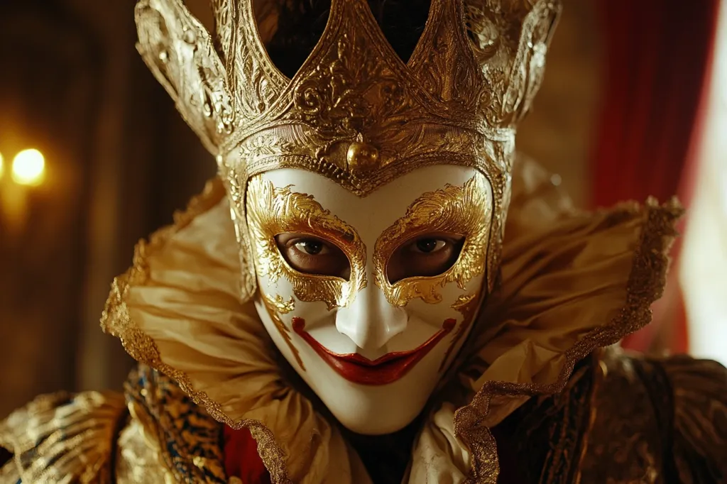 A person wearing a golden, ornate mask with a white base and gold details. The mask is covering the person's eyes, but you can see the person's dark eyes peering out. The mask is shaped like a jester's mask, and it has a painted-on smile and red lips. The person is also wearing a gold and white costume with a large, ruffled collar. They are looking directly at the viewer, and there is a sense of mystery and intrigue in their eyes.