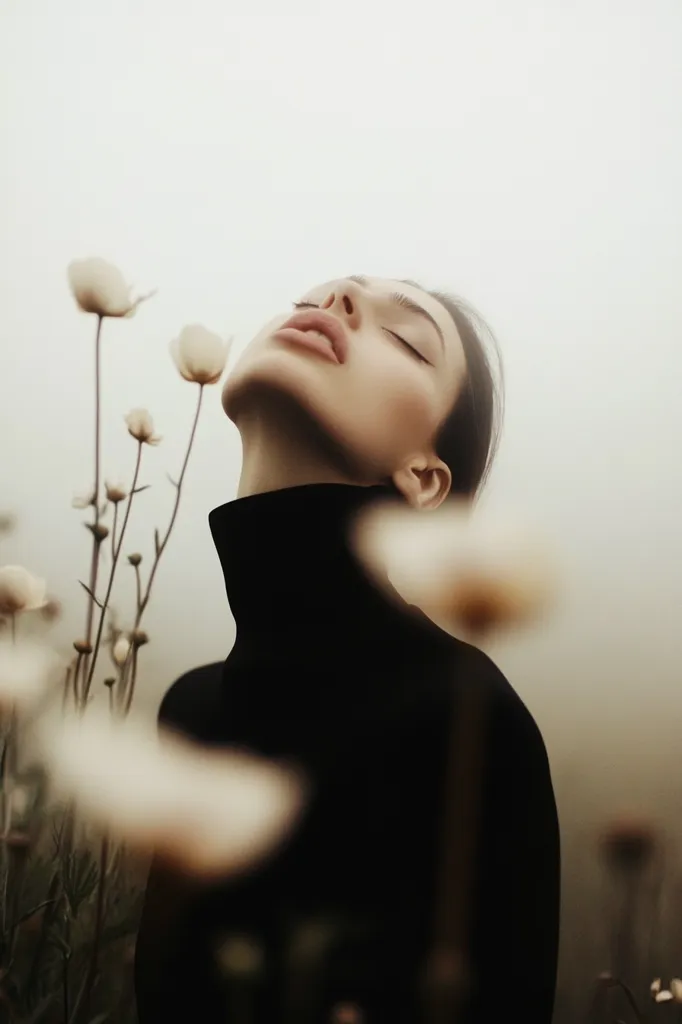 A woman with dark hair and wearing a black turtleneck sweater stands in a field of white flowers. Her eyes are closed and her head is tilted back, as if she is enjoying the feeling of the sun on her face. The background is a soft, hazy white, creating a dreamy and ethereal atmosphere.  The flowers are blurred in the foreground, framing the woman's face and adding to the feeling of peace and serenity.  The image evokes a sense of calm and introspection.