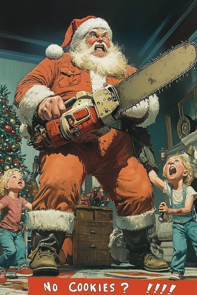 A menacing Santa Claus, dressed in a traditional red suit, holds a large chainsaw in his gloved hands. His face is contorted in a menacing expression, revealing bared teeth and a wild white beard.  A young girl in pink stares up at him in fear, while another girl in blue jeans screams for help.  The caption "No cookies?" appears at the bottom, implying Santa's wrath is a result of the lack of treats.  The image captures the horror of a holiday nightmare.