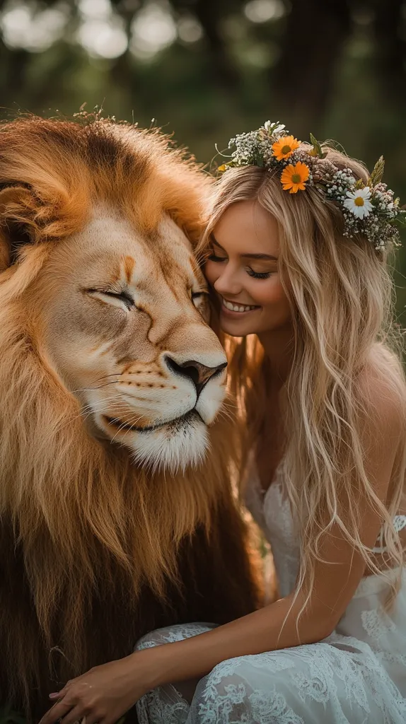 A young woman with long blonde hair, wearing a flower crown and a white lace dress, is sitting close to a large lion. The woman is smiling and looking at the lion, who has its eyes closed and appears to be relaxed. The scene is set in a natural outdoor environment, with lush greenery in the background.  The image captures a moment of intimacy and connection between the woman and the lion.