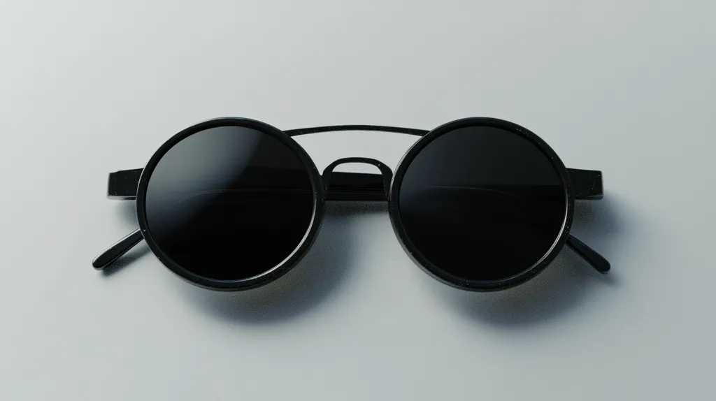The image shows a pair of black round sunglasses with black frames. The sunglasses are lying on a white surface, with their lenses facing upwards. The lenses are completely black, and the frames are very thin. The sunglasses have a minimalist design, with no embellishments or logos.