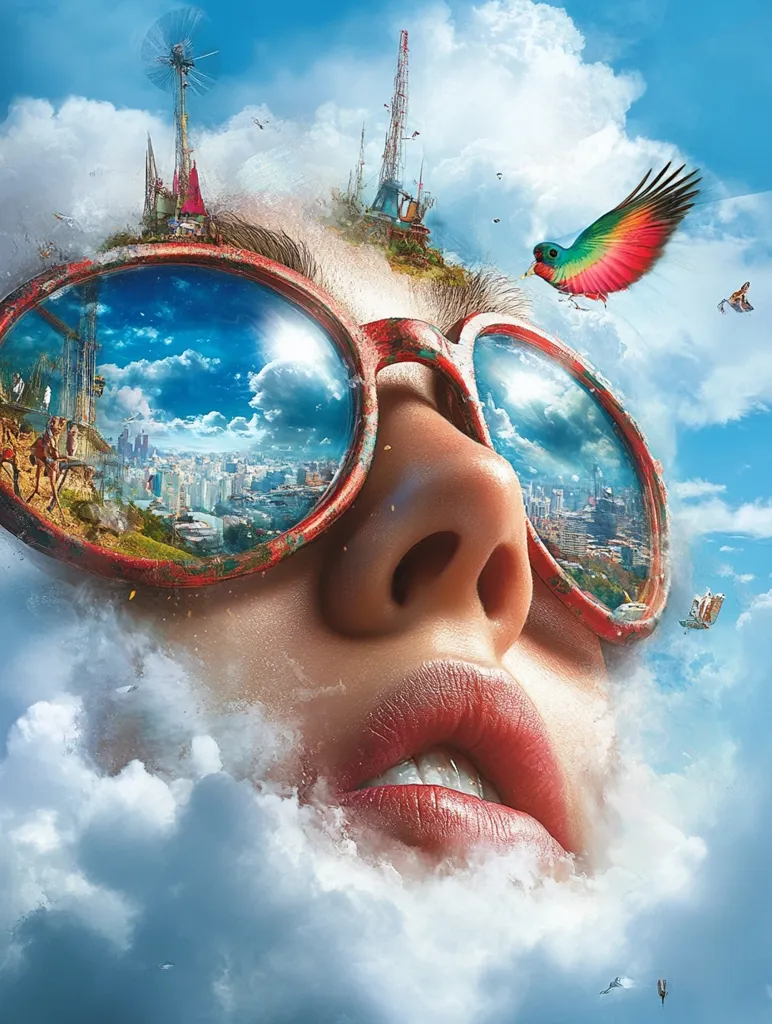 The image depicts a woman's face partially obscured by fluffy white clouds. She is wearing large, round sunglasses that reflect a vibrant cityscape and blue sky. A colorful bird flies across the top of the frame. The overall aesthetic is surreal and dreamy, suggesting a sense of wonder and escape.