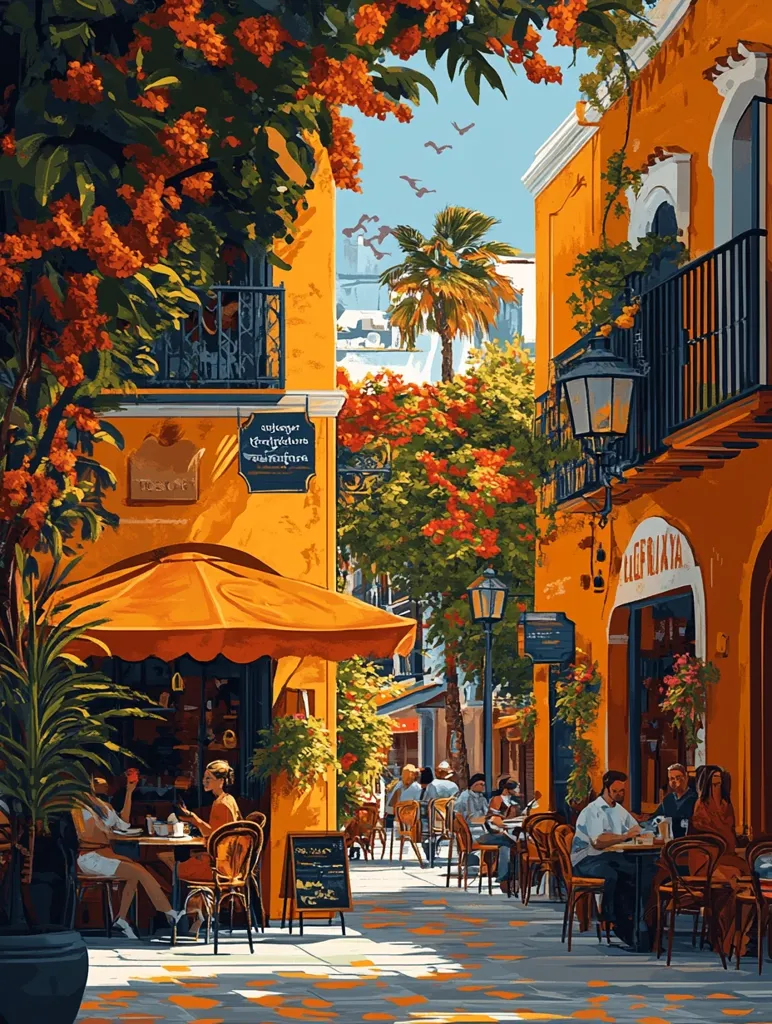 A quaint, sun-drenched street lined with vibrant orange buildings. Palm trees sway in the breeze, while patrons enjoy coffee at sidewalk cafes. An orange awning casts a cool shade, creating a welcoming ambiance. The air is filled with the scent of blooming flowers and the gentle hum of conversation.  The scene is a snapshot of a leisurely afternoon in a charming European town.